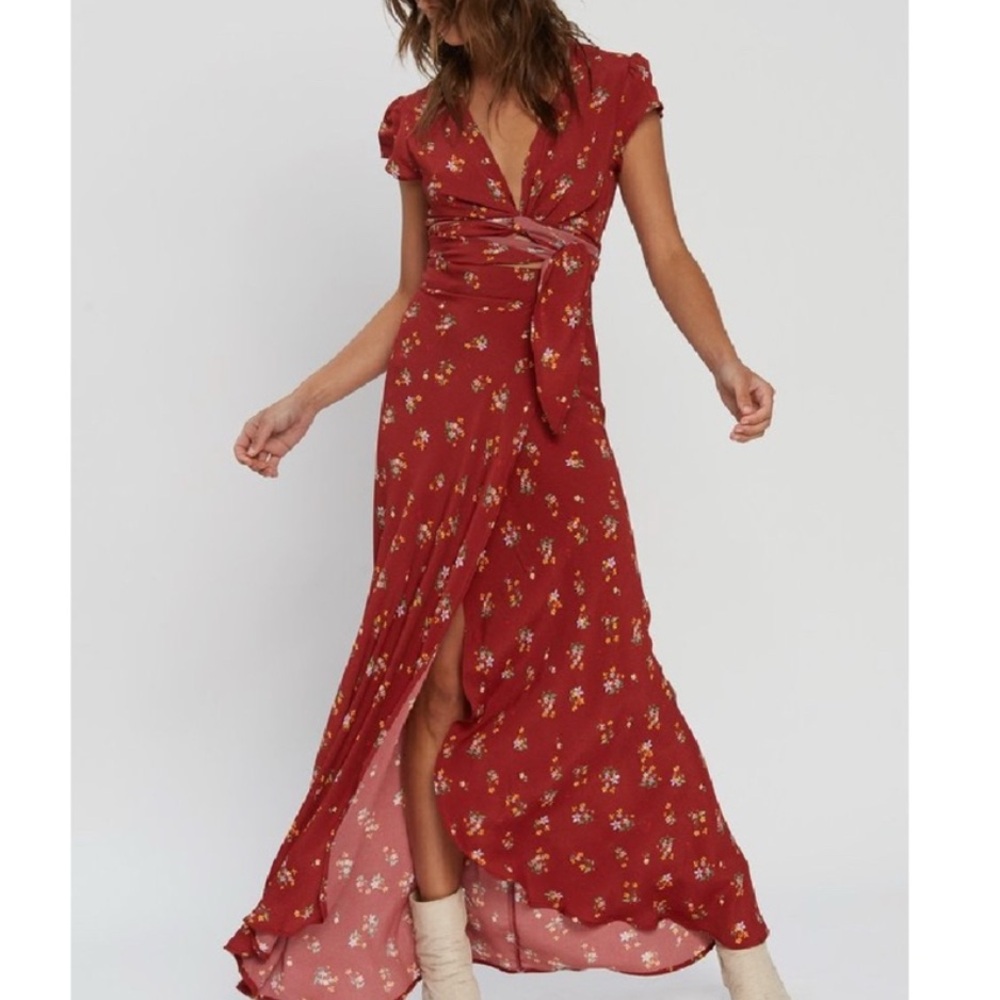Flynn Skye Red Wrap Maxi Dress with Flutter Sleeves